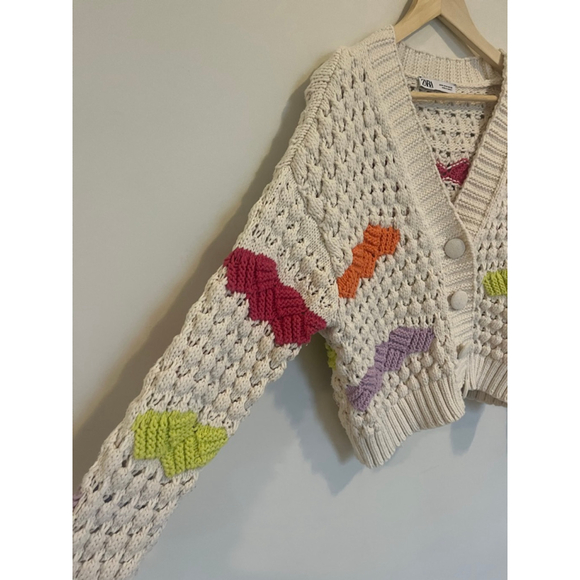 Crochet Knit Cropped Cardigan Zara Off-White Colourblock Slouchy Cardigan - Picture 5 of 8